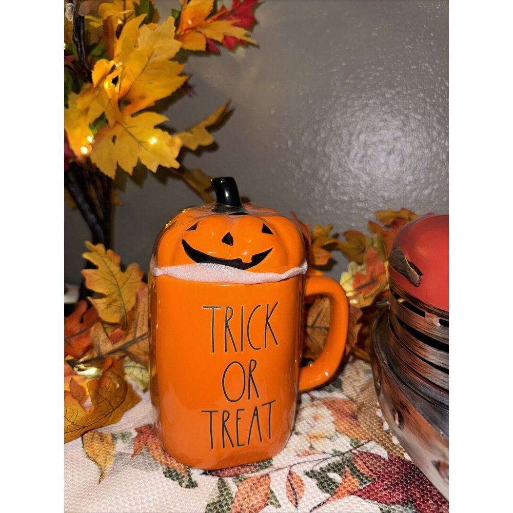 New‎ Rae Dunn Happy Halloween Lidded Coffee Mug Jack-O-Lantern Pumpkin Orange